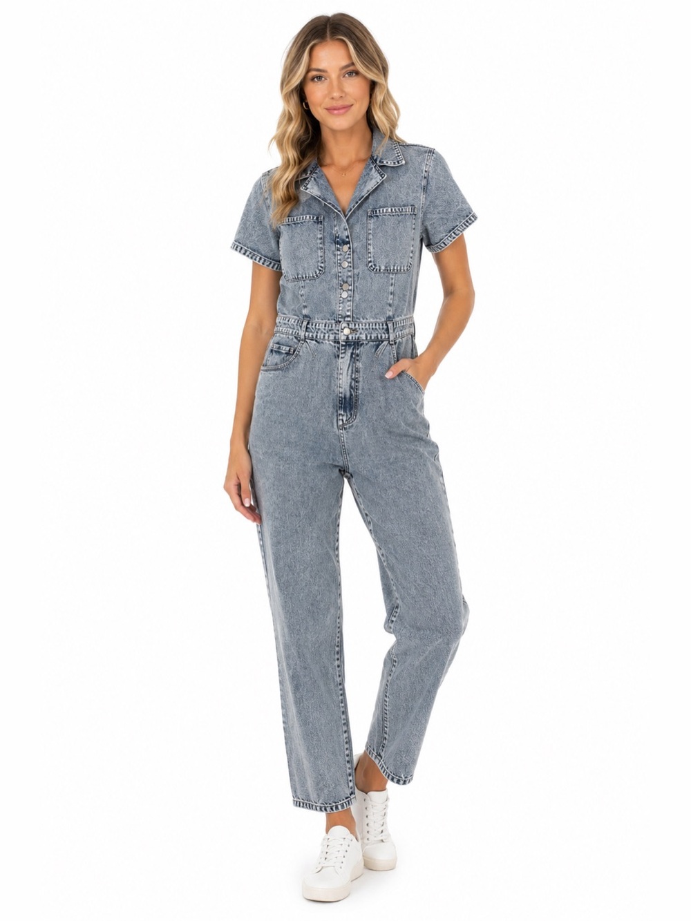 Entro Size Large Acid Wash Denim Button-Up Straight‎ Leg Denim Jumpsuit